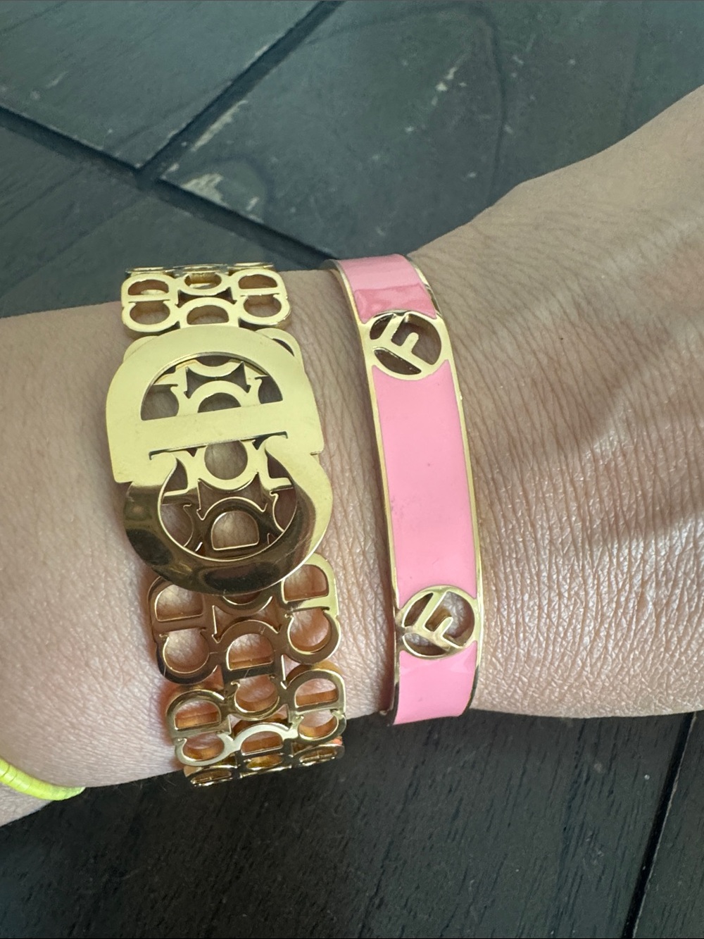 Gold Tone Logo Chain Bracelet and Pink Enamel Logo Bangle - Designer Style